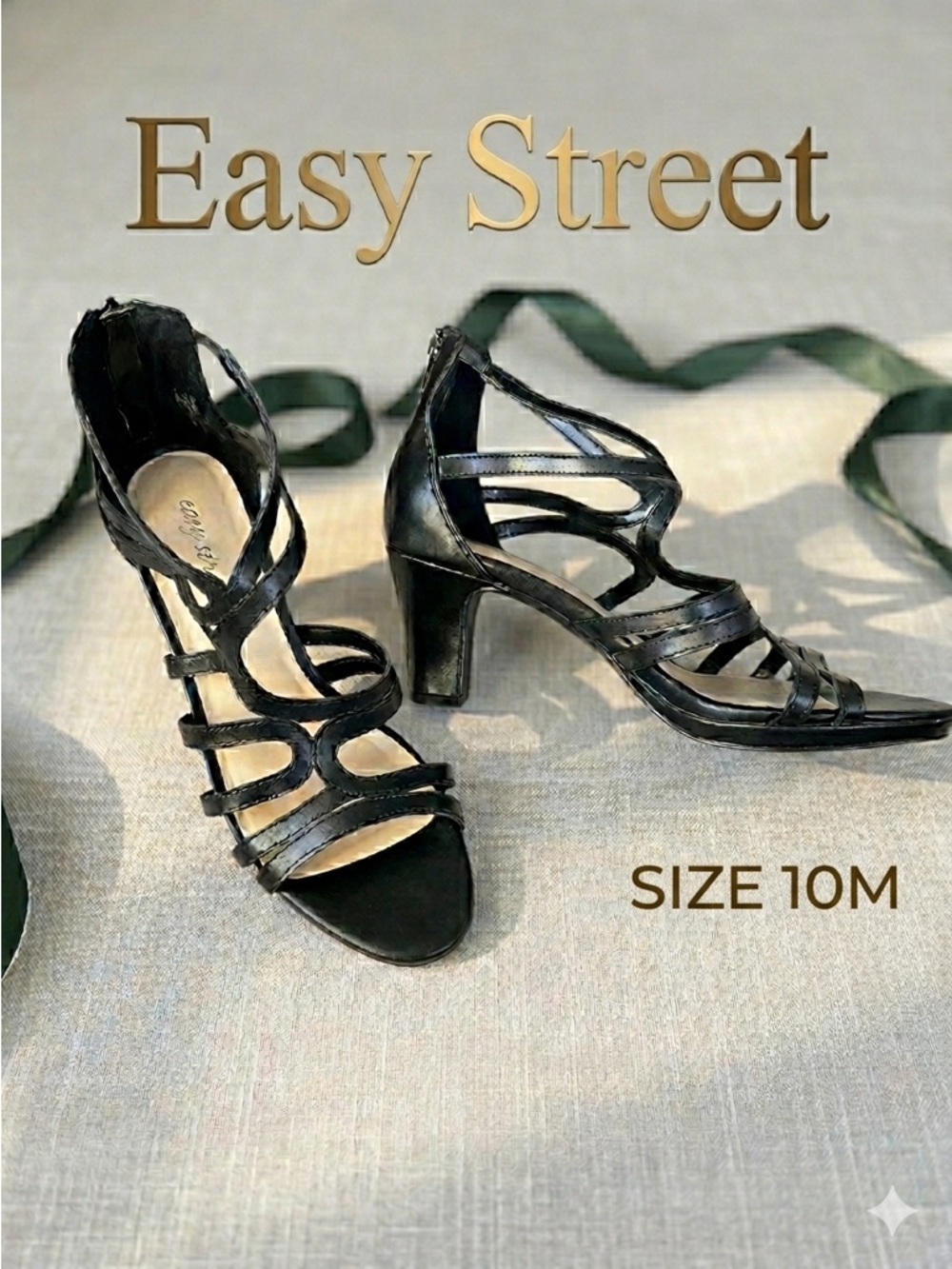 EASY STREET Women’s Black Cage Cutout Strappy‎ Block Zip Heel Sandals, Size 10M